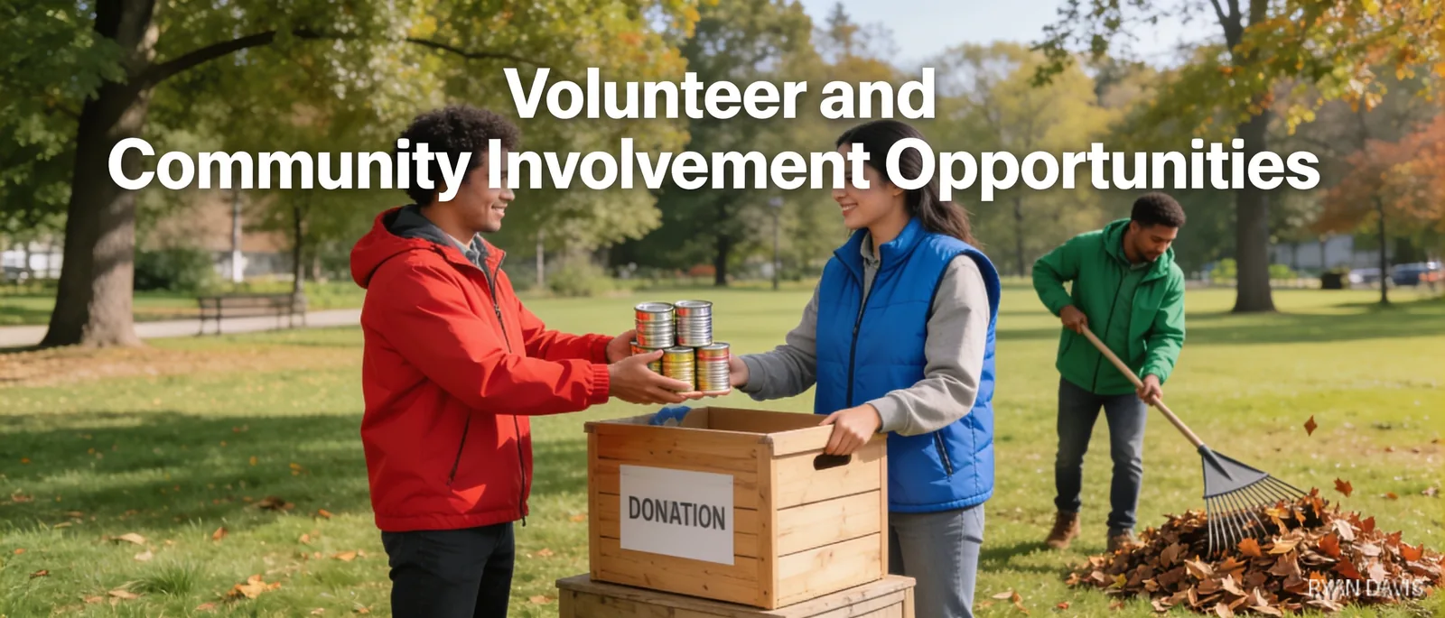 Volunteers and community involvement opportunities in a park setting, donation box and cans.